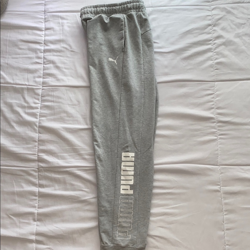 Puma Gray and White Sweatpants Drawstring Waistband Tapered Fit